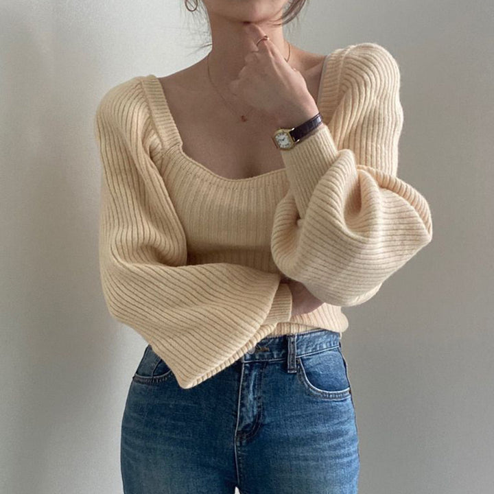 Damen Cropped Pullover mit voluminösen Ärmeln und Rippstruktur Drune
