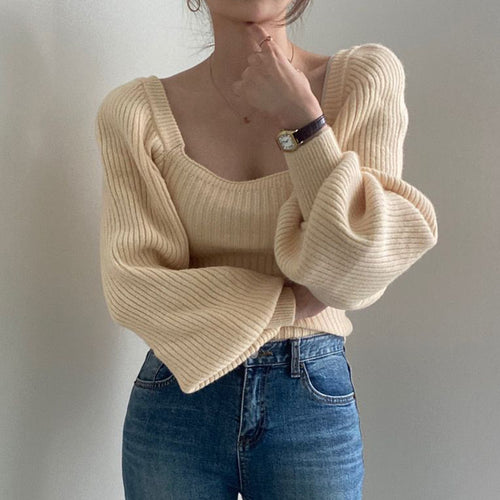 Damen Cropped Pullover mit voluminösen Ärmeln und Rippstruktur Drune