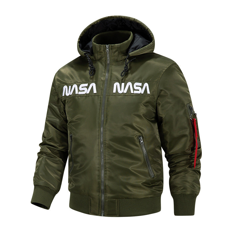 Men's  quilted-lined hooded pilot bomber with high-neck rib collar and zip sleeve utility pocket Drune