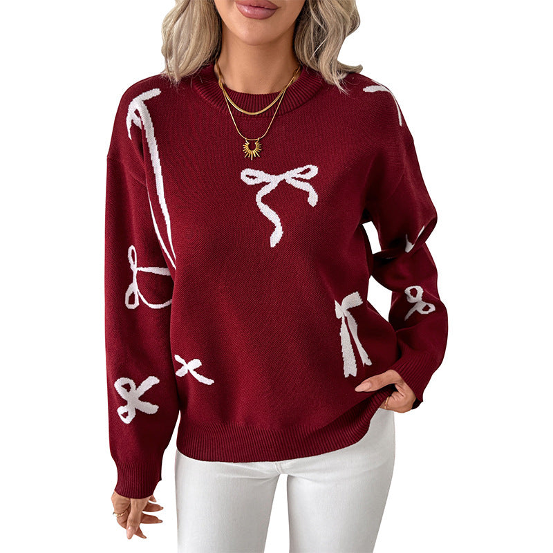 Damen Feiner Jacquard-Strickpullover mit Schleifenmotiv, Rundhalsausschnitt und geripptem Saum Drune