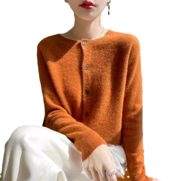 Damen Kurzgeschnittener Feinstrick-Cardigan mit Rundhalsausschnitt und schimmernder Knopfleiste Drune