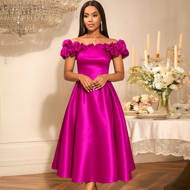 Damen Midi-Party Kleid mit schulterfreiem Design und voluminösen Rüschen Drune