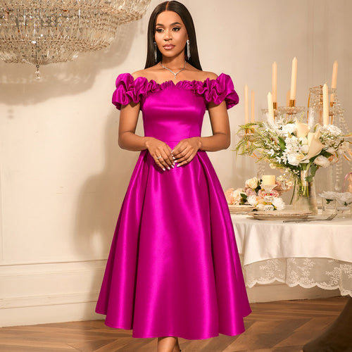 Damen Midi-Party Kleid mit schulterfreiem Design und voluminösen Rüschen Drune