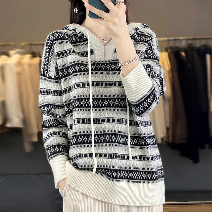 Damen Oversize Jacquard-Strickkapuzenpullover mit V‑Schlitz und gerippten Bündchen Drune