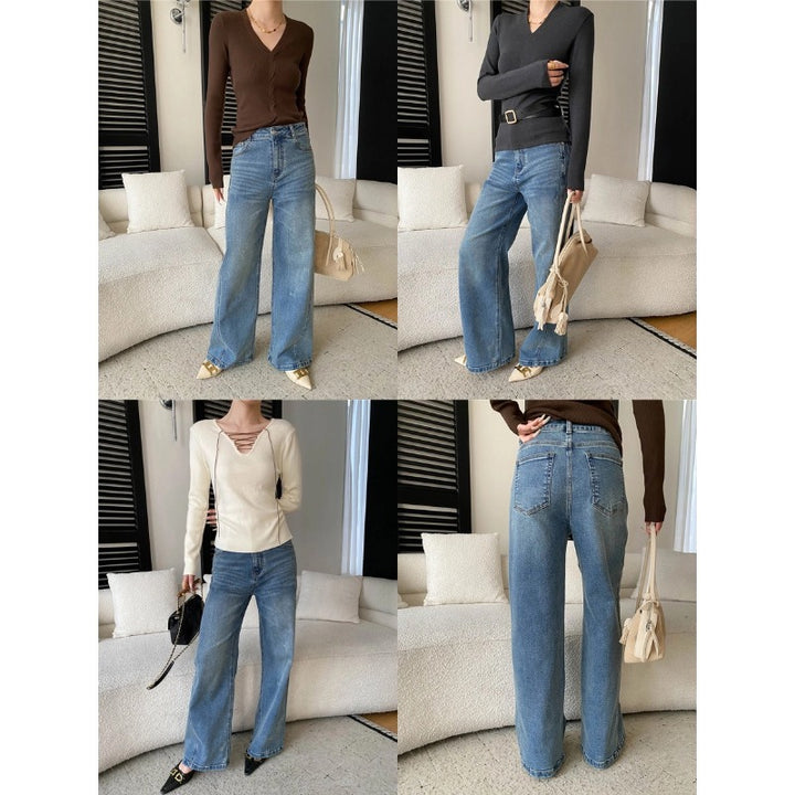Damen figurbetontes Langarm-Oberteil mit V-Ausschnitt und elegantem Rippstrick Drune