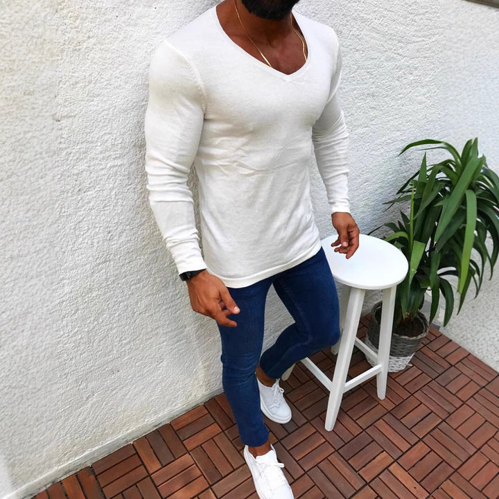 Herren figurbetontes Longsleeve aus Baumwolle mit V-Ausschnitt Drune