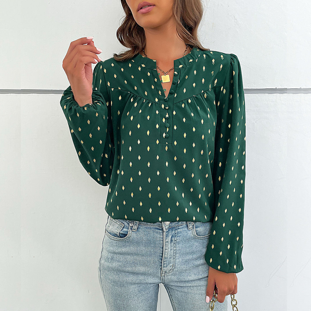 Damen Leichte Viskosebluse mit zartem Ikat‑Print, Stehkragen und dekorativer Knopfleiste Drune