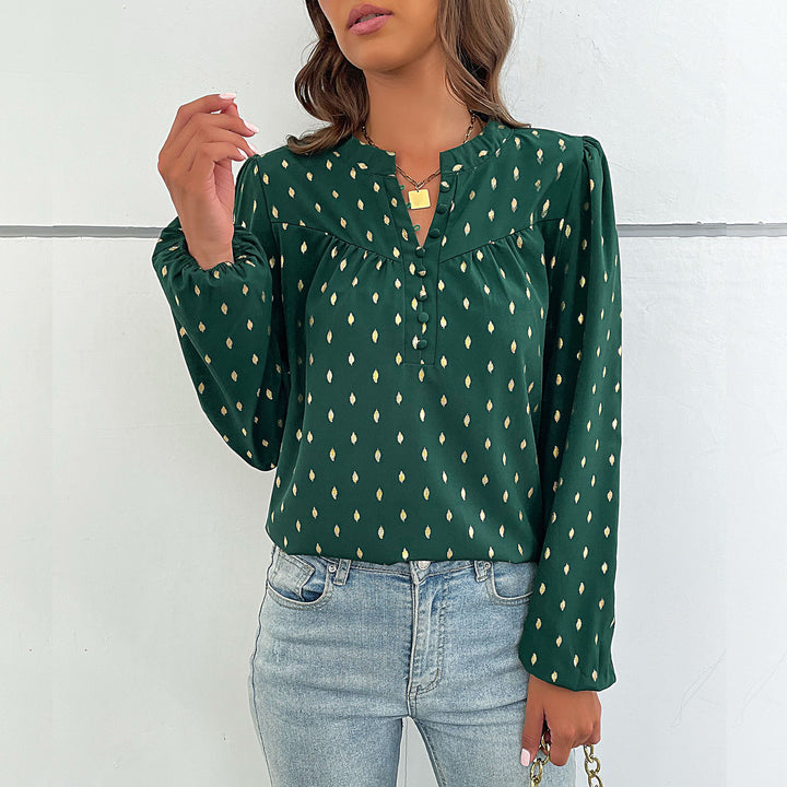 Damen Leichte Viskosebluse mit zartem Ikat‑Print, Stehkragen und dekorativer Knopfleiste Drune