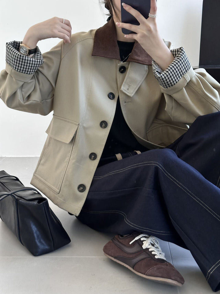 Damen Boxy Übergangsjacke mit Cordkragen und großen Pattentaschen Drune