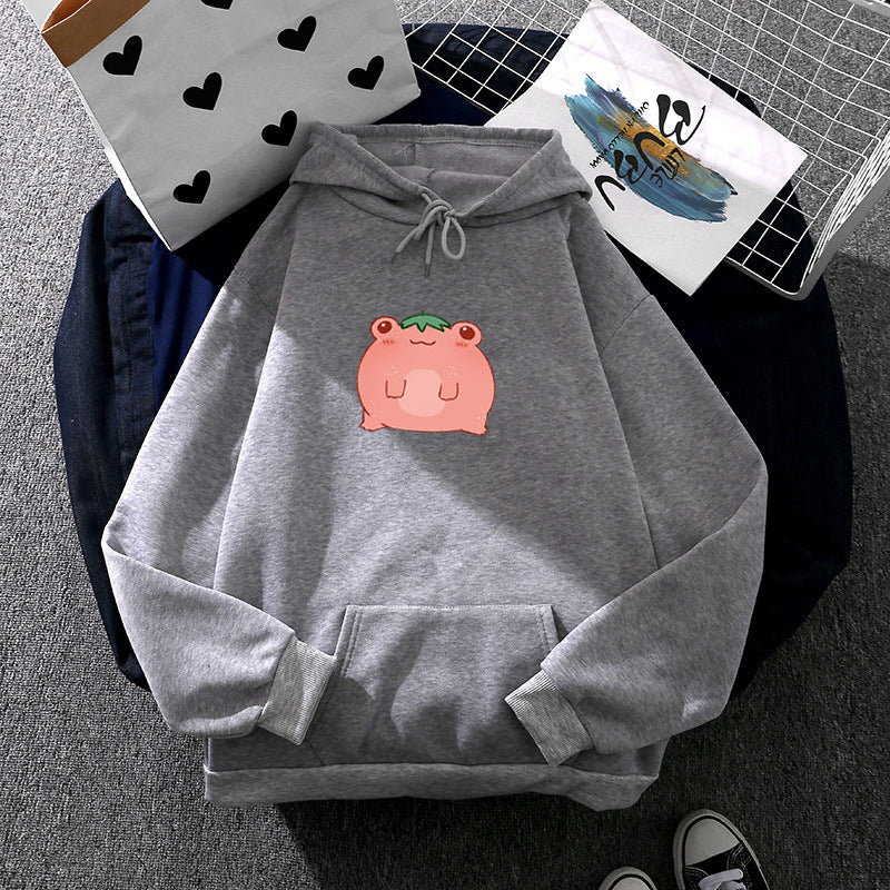 Damen nan oversized Kapuzenpullover aus Microfleece mit Cartoonfrosch-Motiv und Kängurutasche Drune