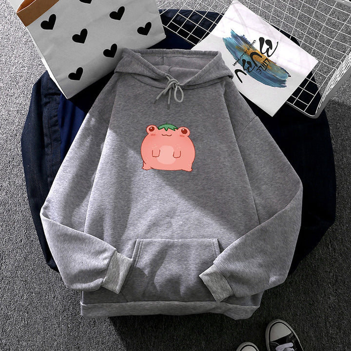 Damen nan oversized Kapuzenpullover aus Microfleece mit Cartoonfrosch-Motiv und Kängurutasche Drune