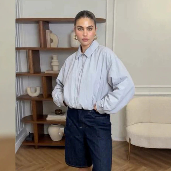 Damen Kurze Boxy-Hemdjacke mit Reißverschluss und elastischem Saum Drune