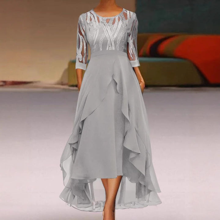 Damen nan edles Chiffon-Abendkleid mit besticktem Tülloberteil, Dreiviertelärmeln und asymmetrischem Stufen-Saum Drune