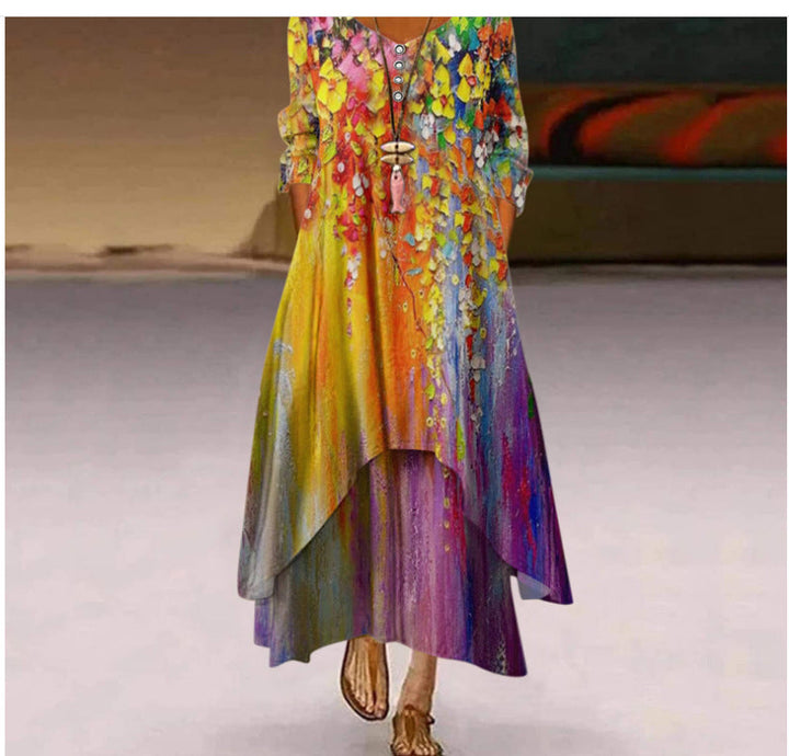 Damen Fließendes Maxikleid mit kunstvollem Blumendruck und asymmetrischem Saum Drune