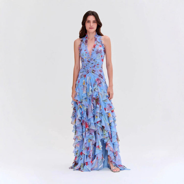 Damen Romantisches Maxi-Party Kleid mit voluminösen Rüschendetails Drune