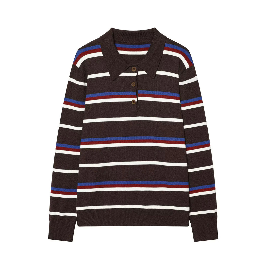 Damen nan gestreifter Poloshirt-Pullover mit Troyerkragen und dezenter Knopfleiste Drune