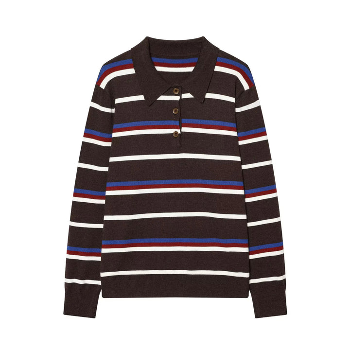 Damen nan gestreifter Poloshirt-Pullover mit Troyerkragen und dezenter Knopfleiste Drune