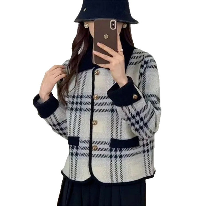 Damen Karierte Blazerjacke mit herausnehmbaren Taschen und Knopfdetails Drune