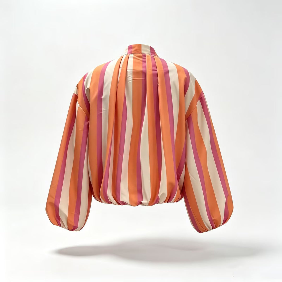 Damen Gestreifter Cropped Blouson mit Faltenansatz, Ballonärmeln und Stehkragen Drune