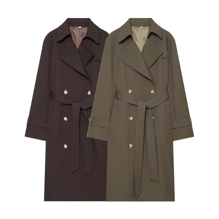 Damen langer zweireihiger Trenchcoat mit Bindegürtel und Raglanärmeln Drune