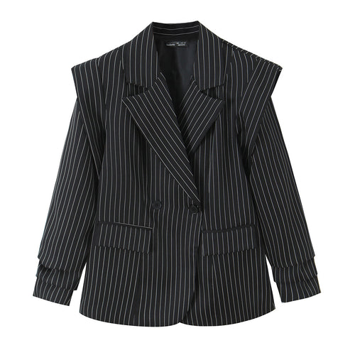 Damen Zweireihiger Oversize-Blazer mit markanten Schulterpolstern und Nadelstreifen Drune