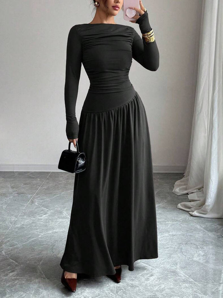 Damen Maxikleid mit gerafftem Oberteil, tailliertem Bund und Langarm Drune
