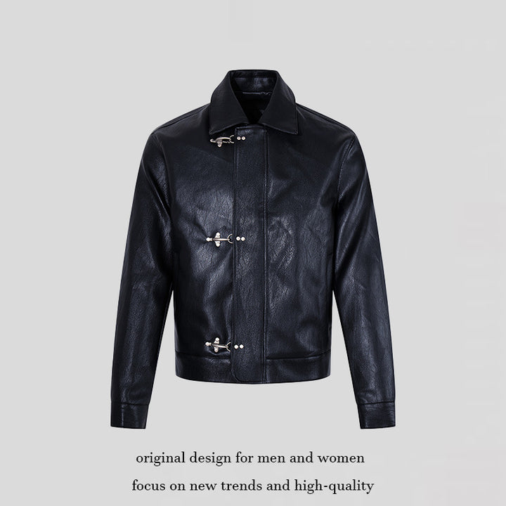 Herren Lederjacke mit Knebelverschlüssen, kurzem Schnitt und Hemdkragen Drune
