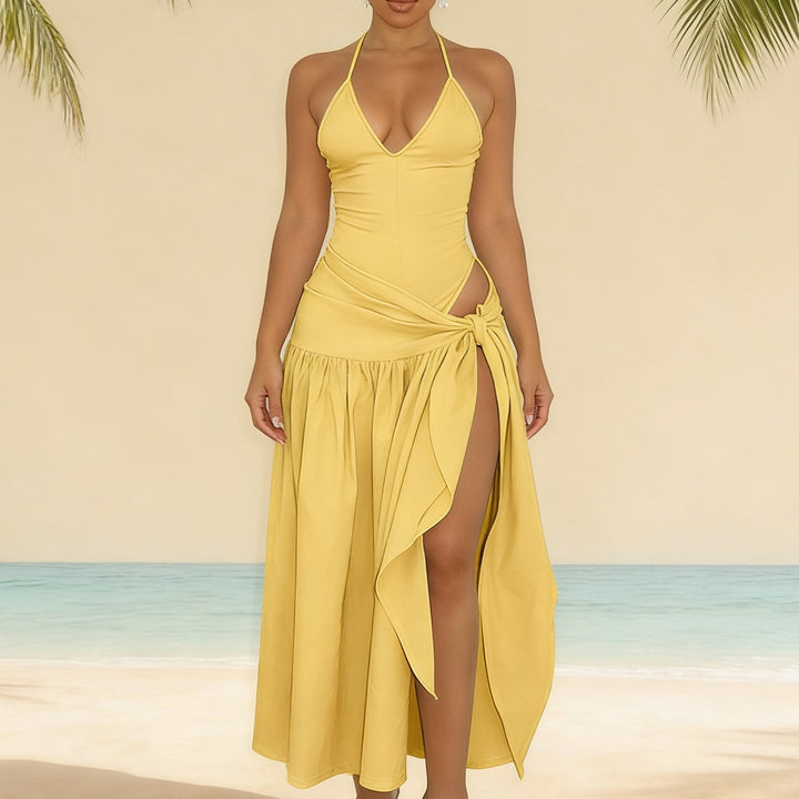 Damen Maxikleid mit knackigem V-Ausschnitt und verspielten Drapierungen Drune