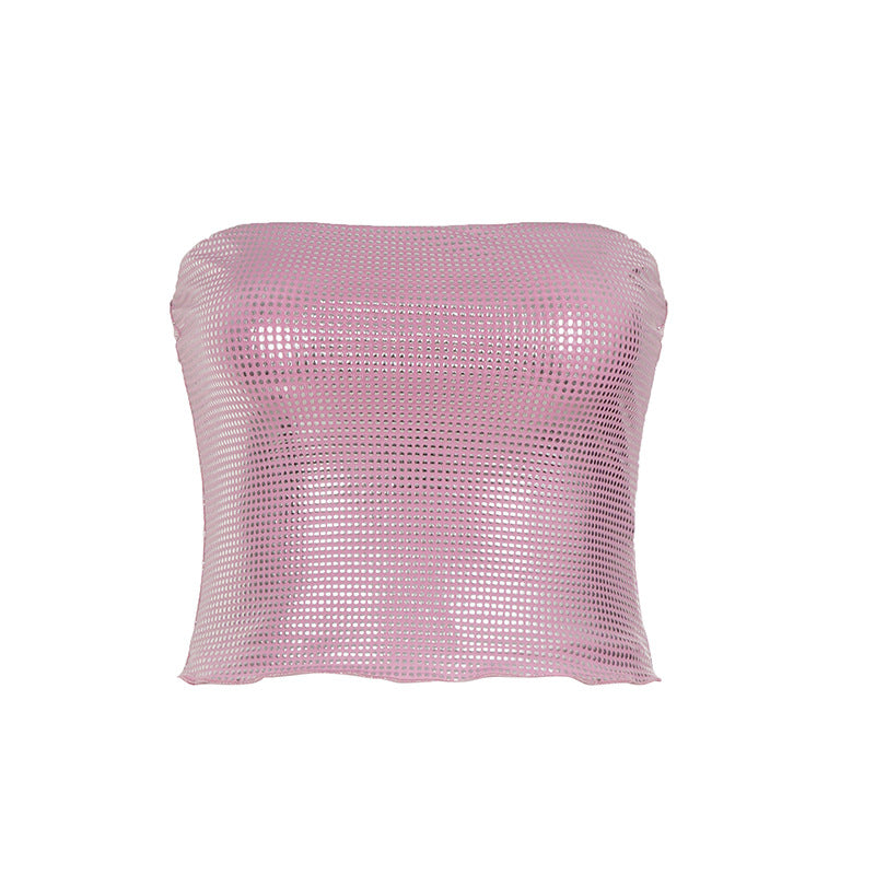 Damen Cropped Oberteil mit Netzdesign und schimmernden Akzenten Drune