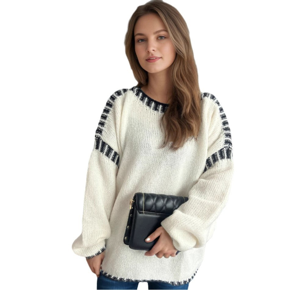 Damen Grobstrickpullover mit lässigem Schnitt und gestreiften Ärmeln Drune