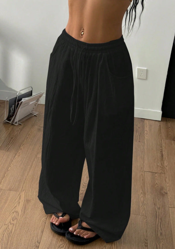 Damen nan weite Leinenähnliche Loungebukser mit elastischem Bund und Kordelzug Drune