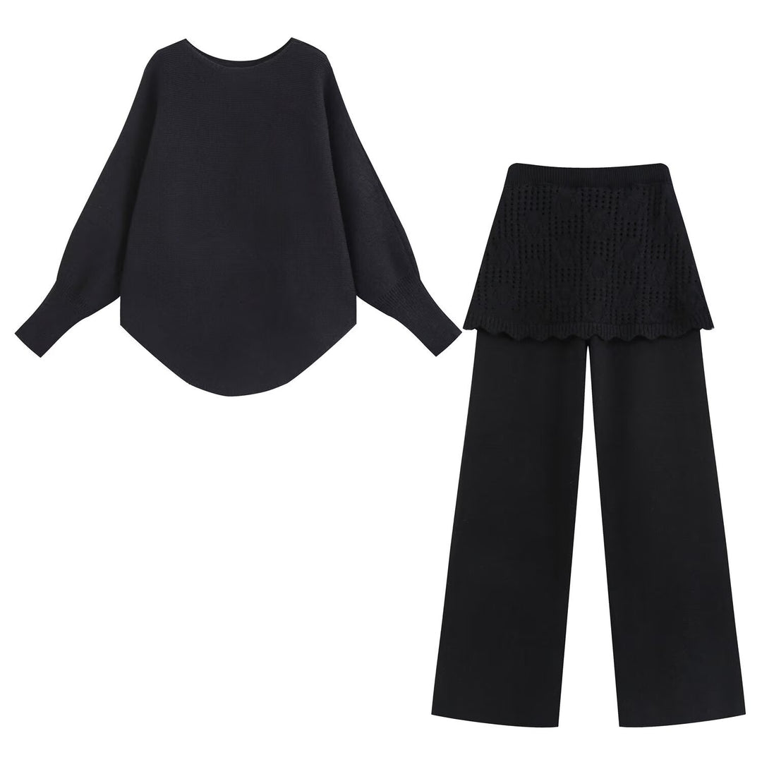 Damen Zweiteiliges Strick-Set mit Oversize-Pullover, Lochmuster-Miniüberrock und weiter Palazzohose Drune