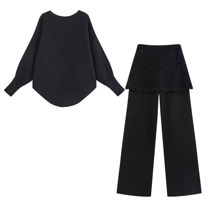 Damen Zweiteiliges Strick-Set mit Oversize-Pullover, Lochmuster-Miniüberrock und weiter Palazzohose Drune