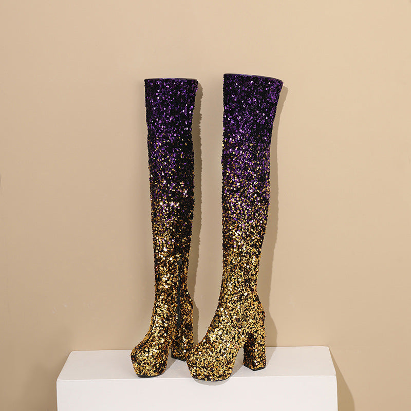 Damen Hochglanz Glitzer Oberschenkelhohe Plateau Stiefel Drune