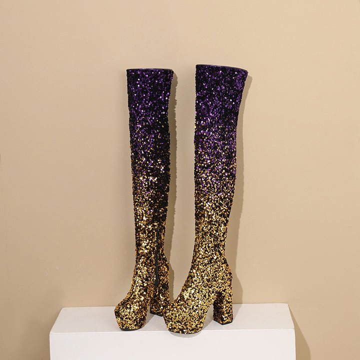 Damen Hochglanz Glitzer Oberschenkelhohe Plateau Stiefel Drune