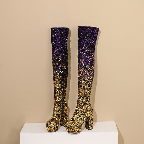 Damen Hochglanz Glitzer Oberschenkelhohe Plateau Stiefel Drune