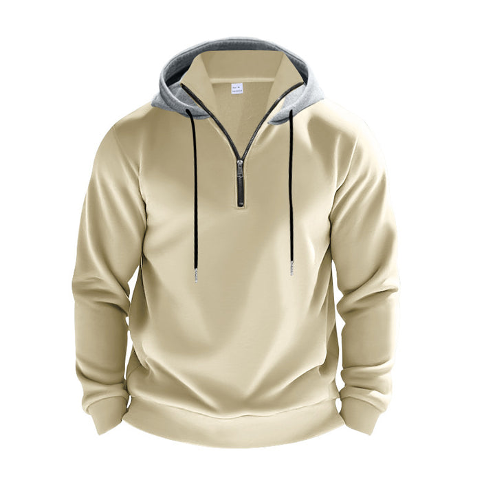 Herren nan sportives Kapuzen-Sweatshirt mit kurzem Frontreißverschluss, kontrastgefütterter Kapuze und elastischen Rippbündchen Drune