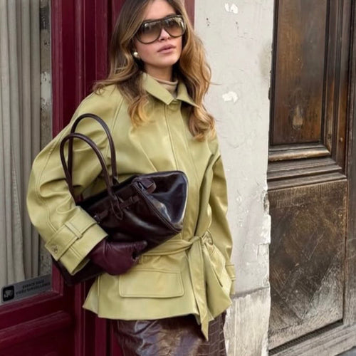 Damen Oversize Lederimitat-Jacke mit Taillengürtel und aufgesetzten Taschen Drune