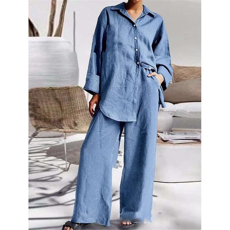Damen Leinen-Lounge-Set mit weitem Hemd und Palazzo-Hose Drune