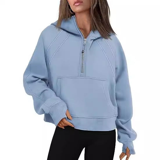 Damen lässiger Kapuzenpullover mit modischem Reißverschluss und praktischer Kängurutasche Drune