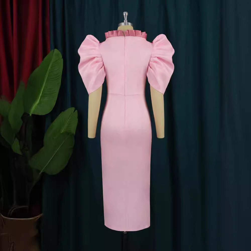 Damen Cocktailkleid mit voluminösen Puffärmeln und elegantem Schlitz Drune