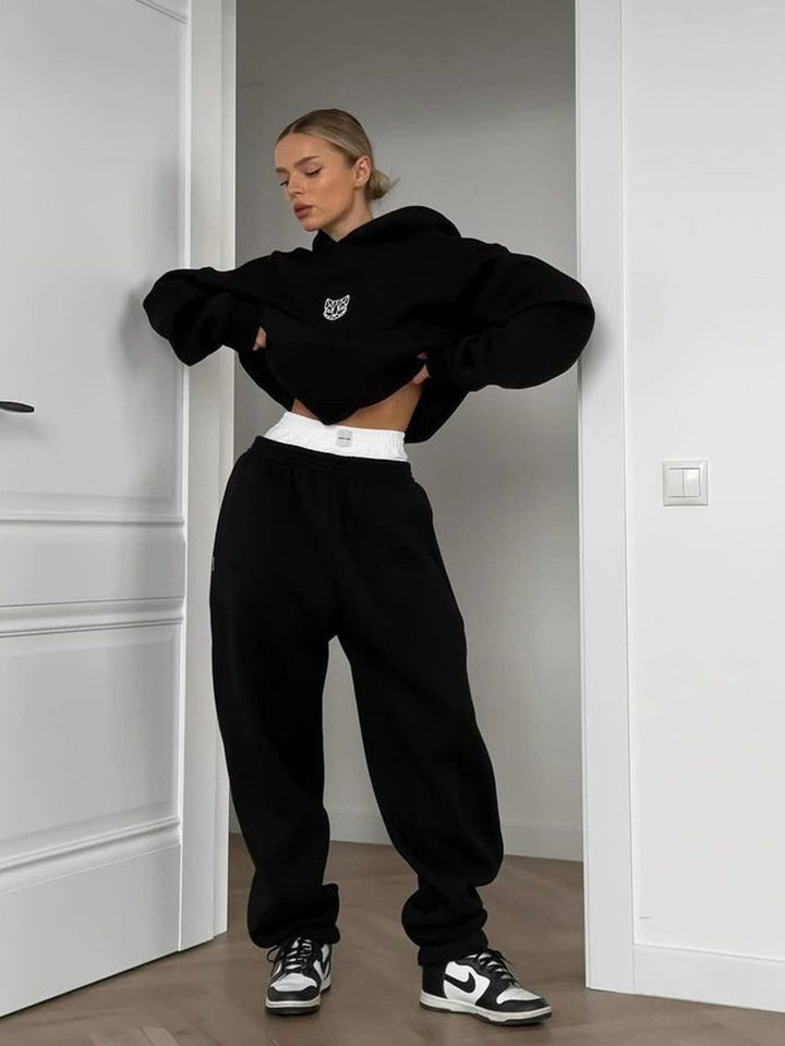 Damen Cropped Kapuzenpullover und weite High-Waist Jogginghose Set Drune