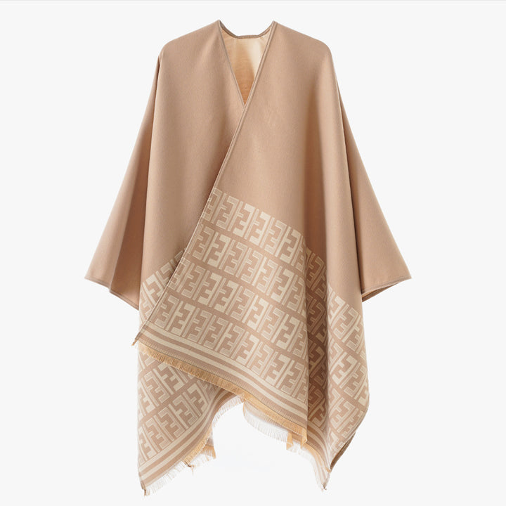 Damen Eleganter Cape-Überwurf im Kimono-Schnitt mit eingewebtem Monogramm und Fransensaum Drune
