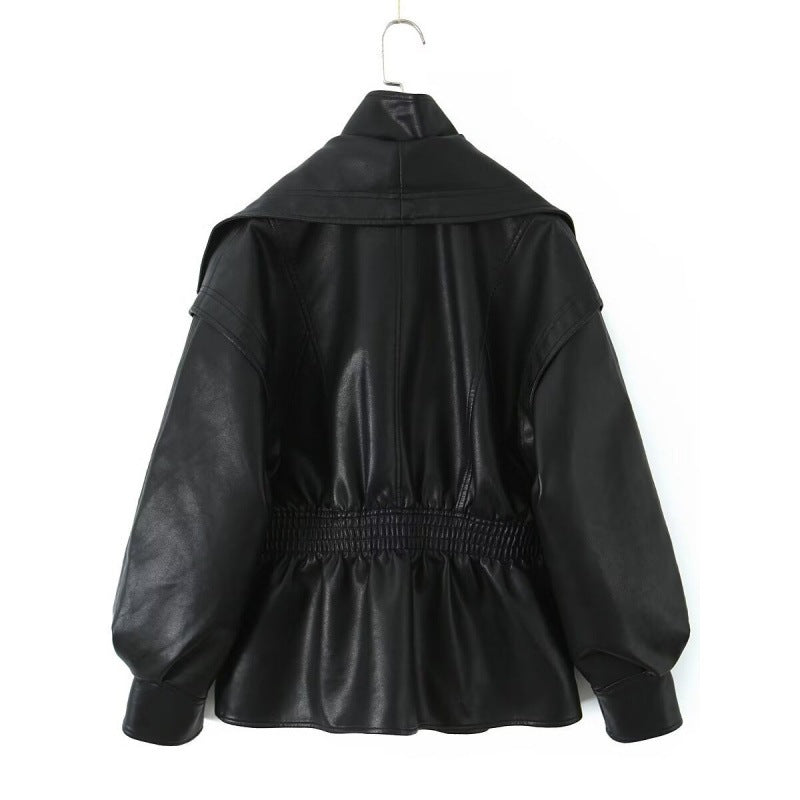 Damen Kunstlederjacke mit weitem Schalkragen und gerafftem Taillenbund Drune