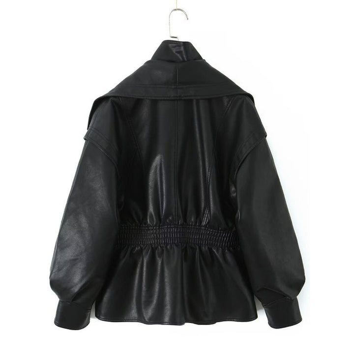 Damen Kunstlederjacke mit weitem Schalkragen und gerafftem Taillenbund Drune