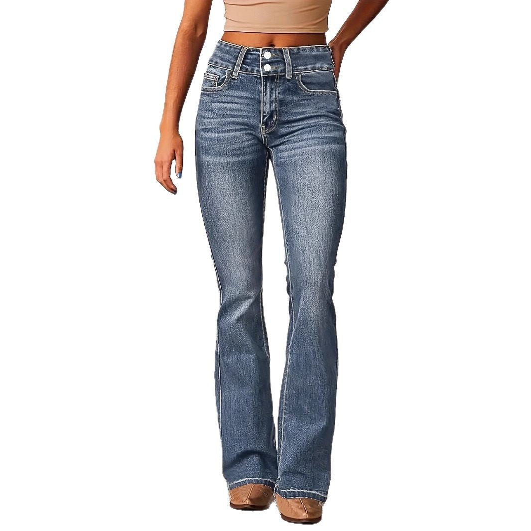 Damen Hohe Taille Flared Jeans mit dekorativen Knopfdetails und figurschmeichelndem Schnitt Drune