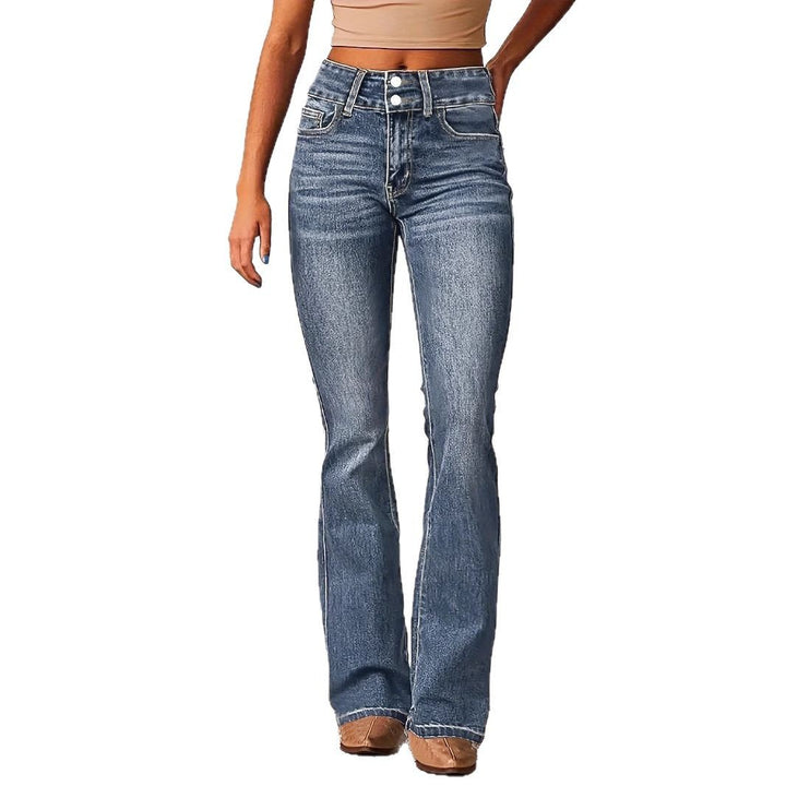 Damen Hohe Taille Flared Jeans mit dekorativen Knopfdetails und figurschmeichelndem Schnitt Drune