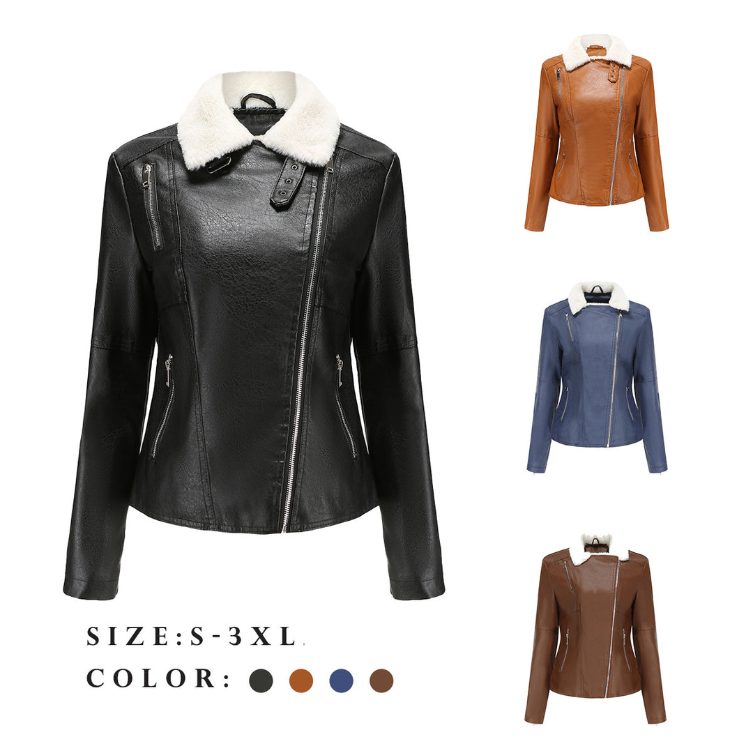 Damen nan taillierte Kunstleder-Bikerjacke mit abnehmbarem Kunstfellkragen und schrägem Reißverschluss Drune