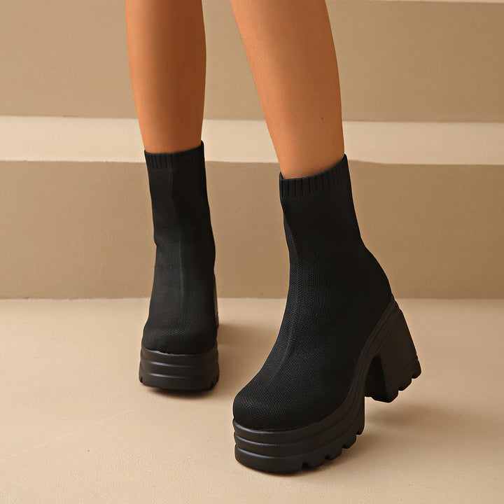 Damen Chunky Stiefeletten mit hohem Absatz und flexiblem Strickdesign Drune