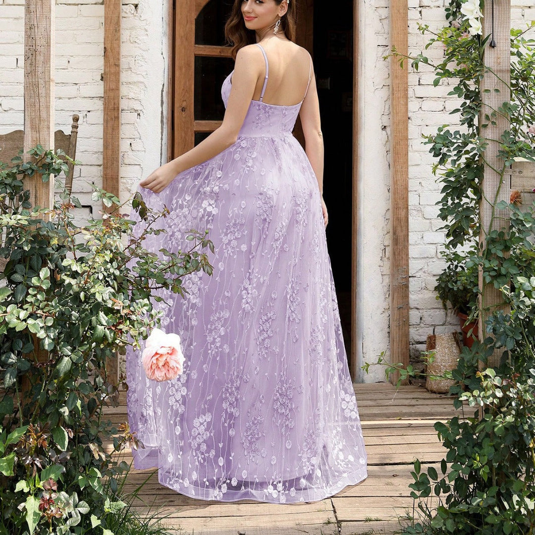 Drune | V-Ausschnitt Träger Abendkleid Mesh Bestickter Rücken Freie Elegante Abendkleid Tanzkleid Festkleid Brautjungfernkleid